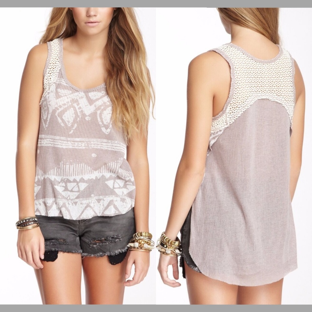 NWT Free‎ People Mesh Back Graphic Tank Wash Taupe Combo [SZ Medium ]